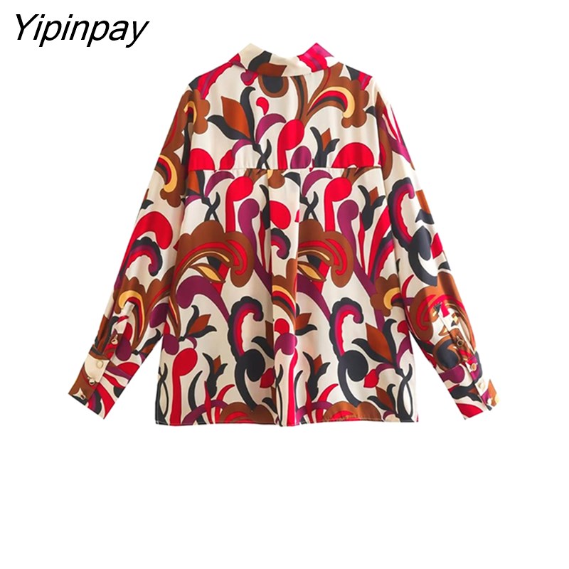 Yipinpay Women Printed Shirt Blouses 2023 Spring Summer Bow Turn Down Collar Long Sleeved Tops Vintage Single Breasted T-Shirts