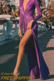 Yipinpay Women Solid Elegant Glamourous Long Sleeves Deep V Neck Criss-cross Maxi High Silt Bodycon Party Formal Dress