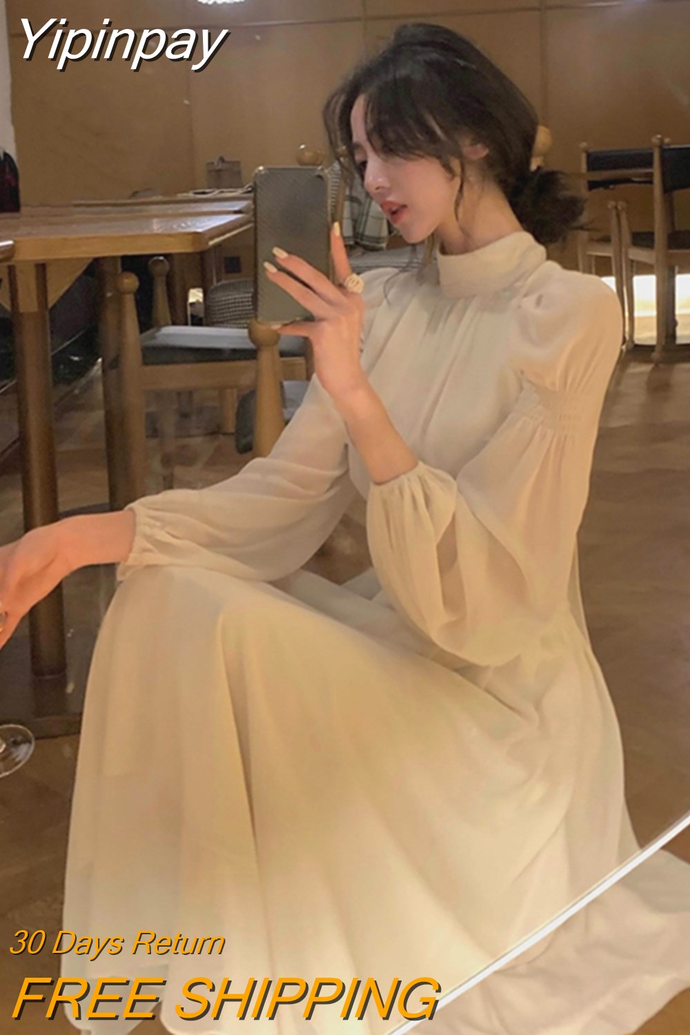 Yipinpay Elegant Solid Midi Dress Turtleneck Design 2023 Spring One Piece Dress Korean Fashion Long Sleeve Fairy Even Party Dress