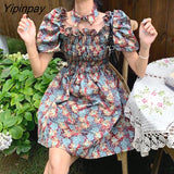 Yipinpay Summer Vintage Kawaii Dress Women Floral Sweet Bandage Party Mini Dress Female High Street Casual Holiday Dress