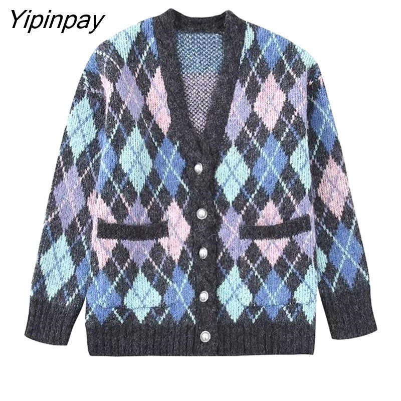 Yipinpay Women Winter Thicken Argyle Knitted Sweater Coats 2023 Fashion Jewelry Buttons Cardigan Tops Female Long Sleeve Chic Top