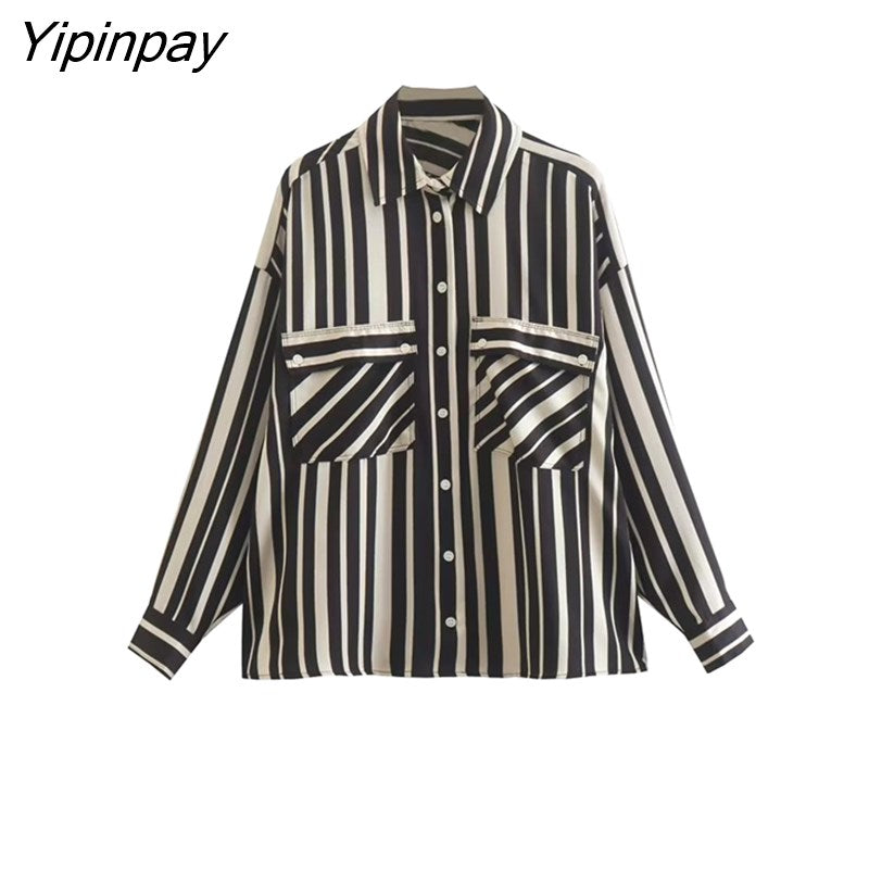 Yipinpay Women Striped Blouses Shirt 2023 Spring Autumn Causal Turn Down Collar Long Sleeved Thin Tops Single Breasted T-Shirts