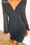 Yipinpay Mesh Patchwork Pleated Autumn Dress Women Deep V-Neck Long Sleeve Mini Sexy Bodycon Dresses Backless Party Vestidos 2023