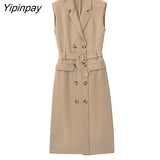 Yipinpay Elegant Women Blazer Dresses With Belt 2023 Autumn Solid Notched Office Lady Dresses Sleeveless Double Breasted Vestidos