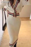 Yipinpay bump color stripe edge v-neck knitting cardigan skirts two-piece outfit