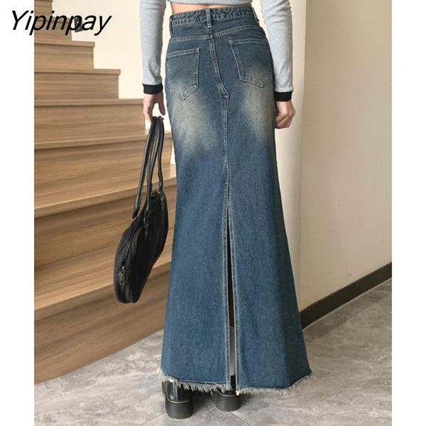 Yipinpay Vintage Blue High Waist Denim Split Skirt Women's Long ...