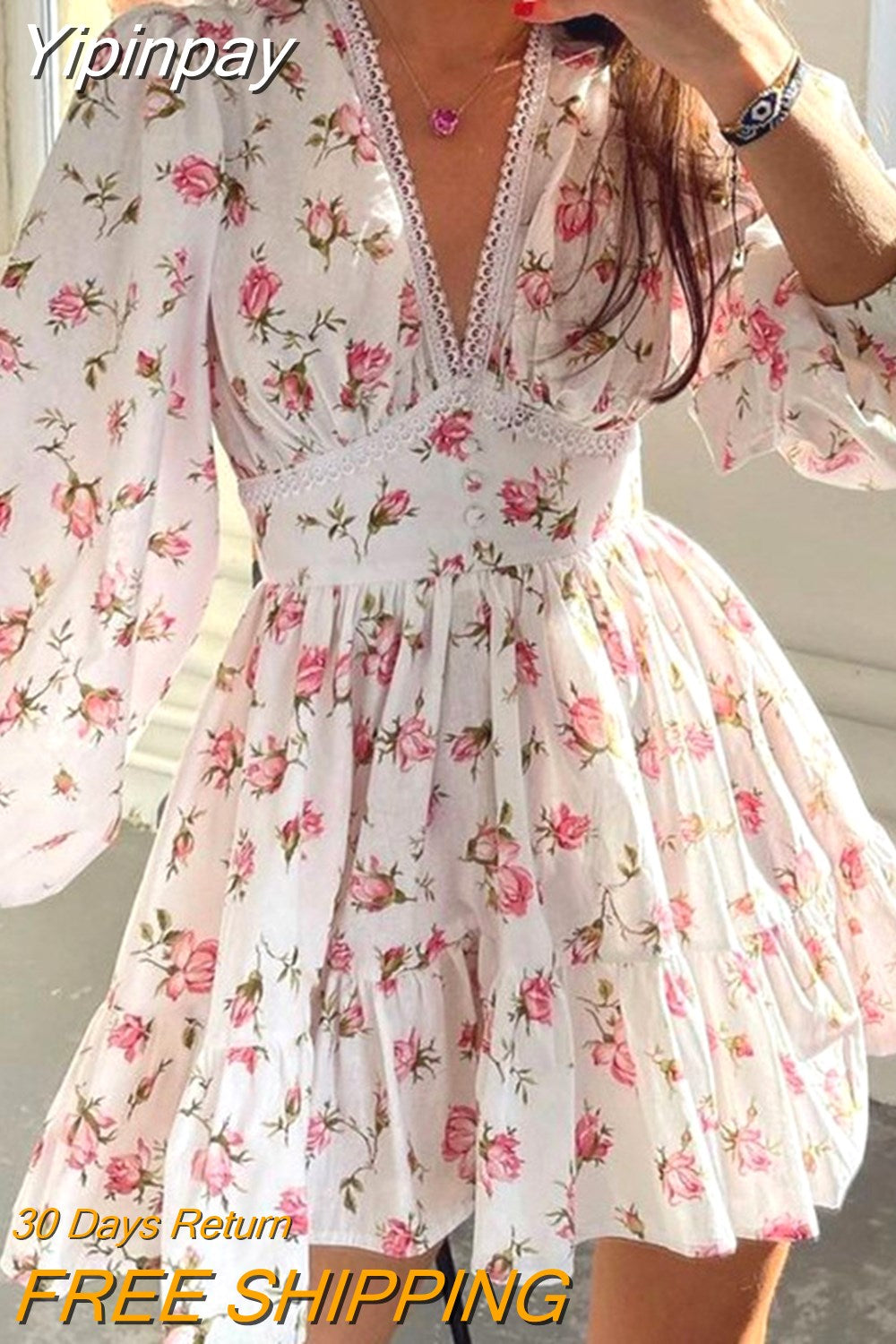 Yipinpay Fashion Womens Floral Print Mini Dress Summer Long Sleeve Deep V Neck High Waist A-Line Dress Street Style Hot Sale S-XL