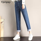 Yipinpay Velvet Jeans Femme Winter Casual Loose Warm Thicken Denim Jeans Woman Black High Waist Wide Leg Pants Mujer