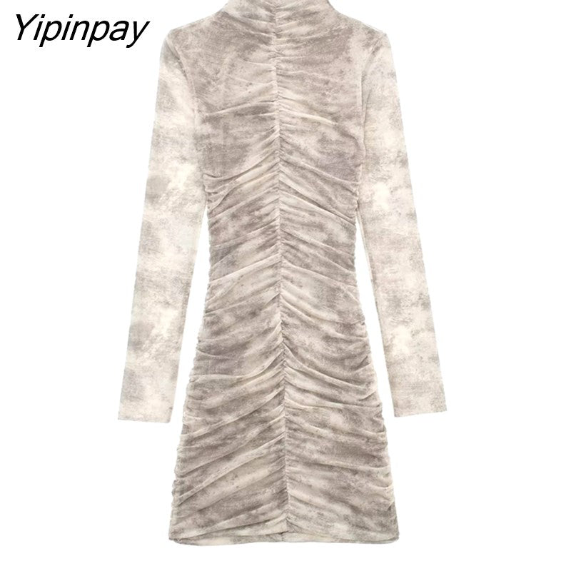 Yipinpay 2023 Women Pleated Tulle Print Dress Summer Elegant Turtleneck Party Sexy Long Sleeve Vestidos Fashion Back Zipper Dresses