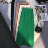 Yipinpay Winter Green Slit Knitted Skirt High Waist Korean Long Skirt