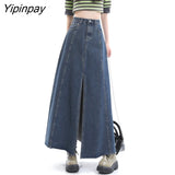 Yipinpay Vintage Blue Long A Line Split Denim Skirt For Women Loose Casual Jean Skirts For Ladies