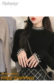 Yipinpay Jersey Mujer Vintage Pull Femme Stand Neck Fungus Contrast Jumpers Long Sleeve Chic Buttons Sweater Black Top T-shirts Bead