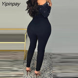 Yipinpay Women Elegant Off Shoulder Beading Long Sleeves Jumpsuit with Belt