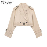 Yipinpay 2023 Women Windbreak Suit Sets Female Solid Long Sleeve Jackets With Belt High Waisted Casual Wide Leg Suits Pants Set