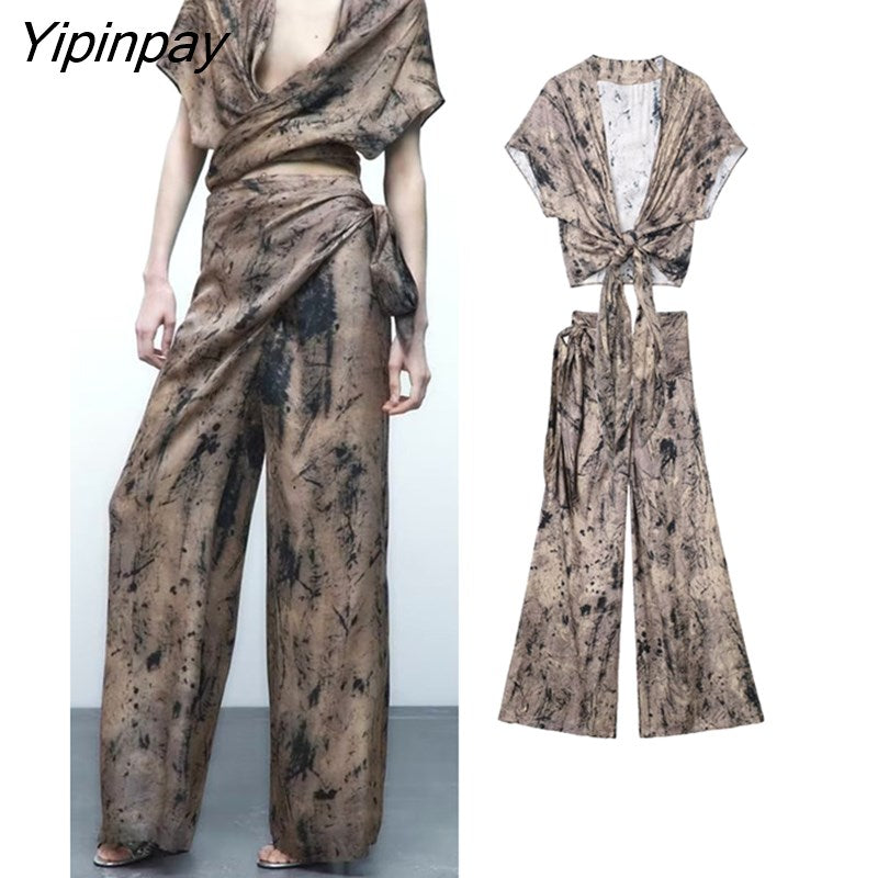 Yipinpay Fashion 2023 Spring Summer Printed Blouse Pants Sets Casual Short Sleeve Soft Bow Shirts Bow Wide Leg Pants Outwear