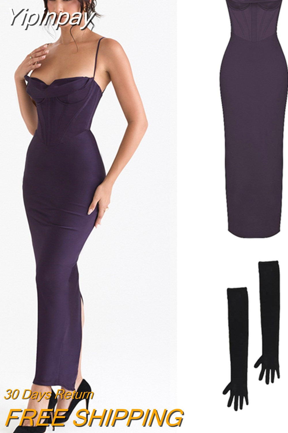 Yipinpay Satin Maxi Dress Sexy Long Prom Evening Party Dresses With Glove Purple V Neck Spaghetti Strap Dresses For Women 2023