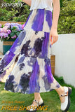 yipinpay Spring Summer Fashion High Waist Pleated Skirts Woman Tie Dye Split Vintage Casual Chiffon Long Midi Skirt Patchwork