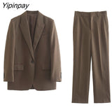 Yipinpay Women Office Outfits Blazer Suit 2023 Autumn Winter 2Pcs Single Button Notched Jacket+Zipper Long Trousers Basic Outwear