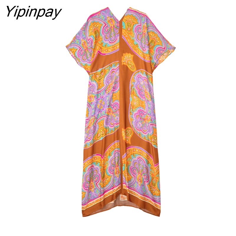 Yipinpay 2023 Summer Boho Long Silk Dress Women Print Long Shirt Style Dresses Elegant V-Neck Holiday Party Beach Dress Vestidos