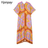 Yipinpay 2023 Summer Boho Long Silk Dress Women Print Long Shirt Style Dresses Elegant V-Neck Holiday Party Beach Dress Vestidos