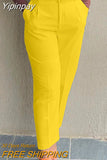 Yipinpay Women Shiny Yellow Capris Pants High Waist Trousers Office Work Lady Ankle Length Summer Bottoms Capris 2023 Spring Summer