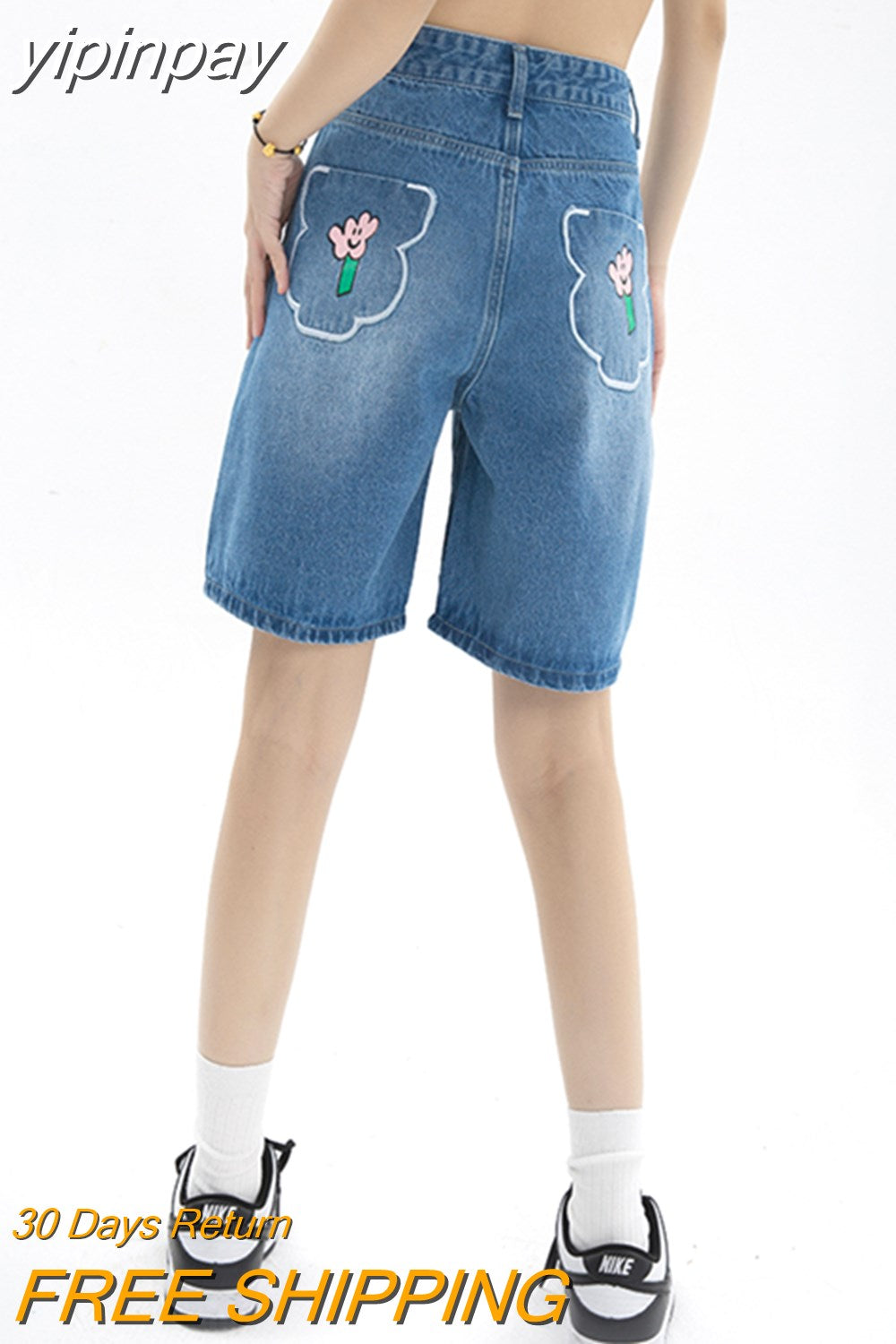 yipinpay Women's Straight Shorts Jeans High Waist Street Summer Vintage Five-point Pants Design Casual Ladies Denim Wide Leg Shorts