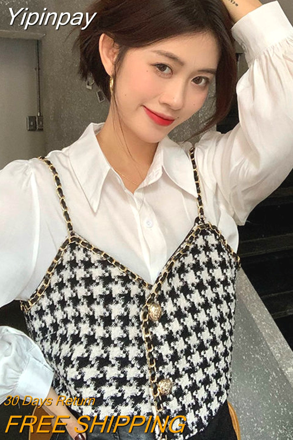 Yipinpay Houndstooth Vest Vintage Blusas Mujer De Moda 2023 Spring White Chiffon Shirt Women 2 Piece Sets Tops Blouse