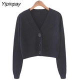 Yipinpay Summer Knitted Crop Cardigan Women Korean Short Sweater Long sleeve V neck Green Blue