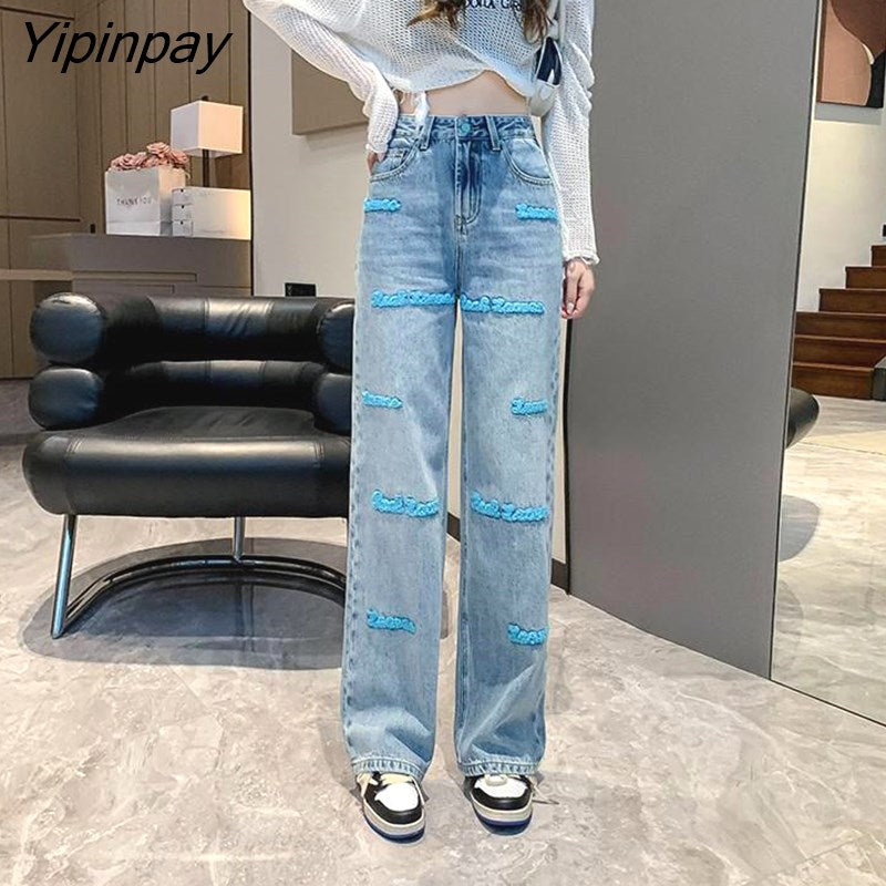 Yipinpay Embroidered High Street Loose Wide Leg Jeans Woman