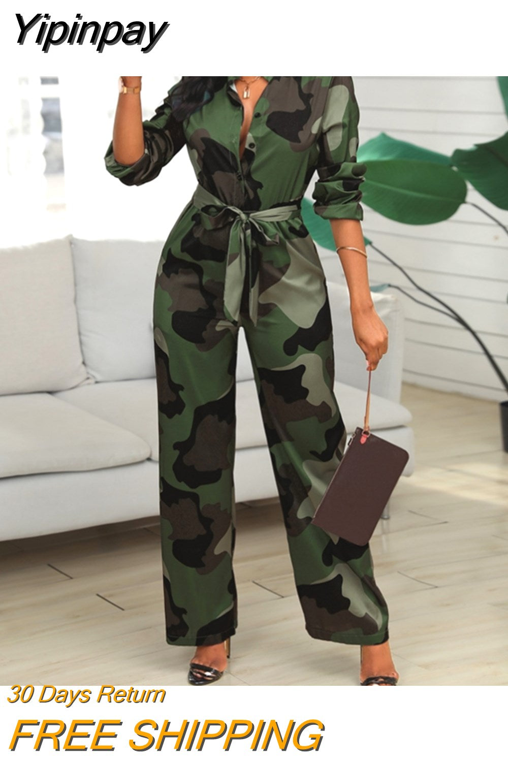 Yipinpay jumpsuit for women V Neck Camouflage Print Buttoned Jumpsuit one piece autumn ladies rompers female clothing outfits