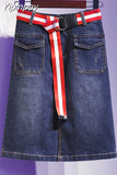 Yipinpay Mid-length Denim Skirt Women Half-length Skirt Female Plus Size 90 KG New Embroidered Flower Casual Skirt A-line
