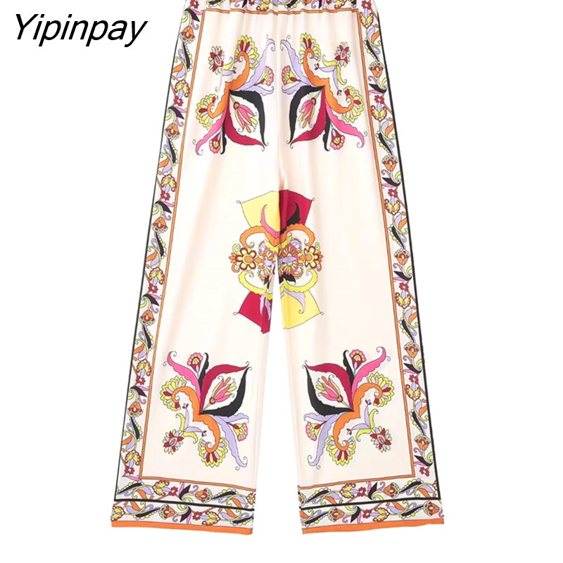 Yipinpay 2023 Spring Autumn Floral Print Pants Sets Causal Fashion Long Sleeved Blouses+Wide Leg Pants Street Casual Outwear