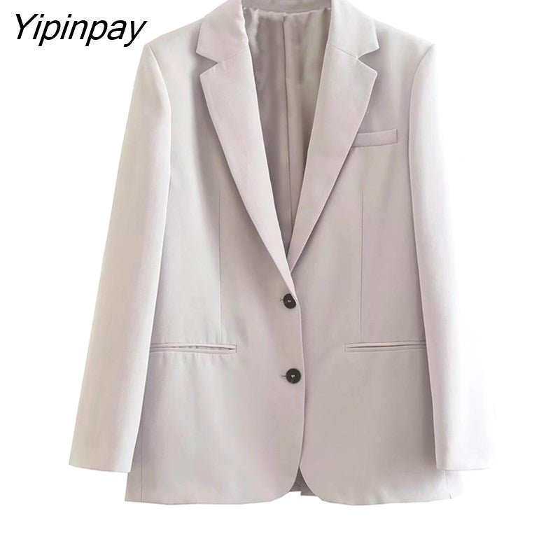 Yipinpay 2023 Autumn Winter Solid Blazer Pant Sets Long Sleeve Single Breasted Back Split Jacket Zipper Trouser Notched Outwear