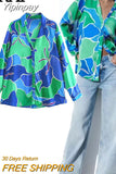 Yipinpay 2023 Print Satin Shirt Woman Blue Button Up Shirt Women Vintage Long Sleeve Shirts And Blouses Women Casual Loose Blouses