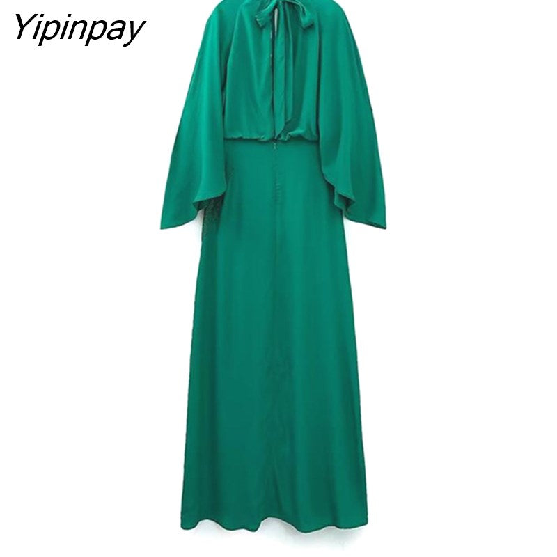 Yipinpay Women Elegant Solid Mid-Calf Dresses 2023 Fashion Female Bow Party Vestidos Long Sleeved Dresses Soft Outwear