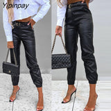 Yipinpay Women Casual High Waist with Belt PU Leather Patchwork Ankle Length Black Pencil Pants
