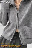 Yipinpay Vintage Lapel Knitted Cardigan Women Spring Autumn Chic Fitness Double Zipper Long Sleeve Sweater with Pockets