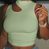 Yipinpay Women Casual Solid Sleeveless Hollow Out Turtleneck Asymmetrical Women Sexy Crop Tops