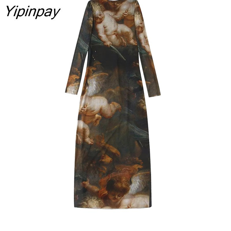 Yipinpay 2023 Women Tulle Printed Sheath Dresses Elegant O-Neck Folds Sexy Party Vestidos Fashion Long Sleeve Mid-Calf Dresses