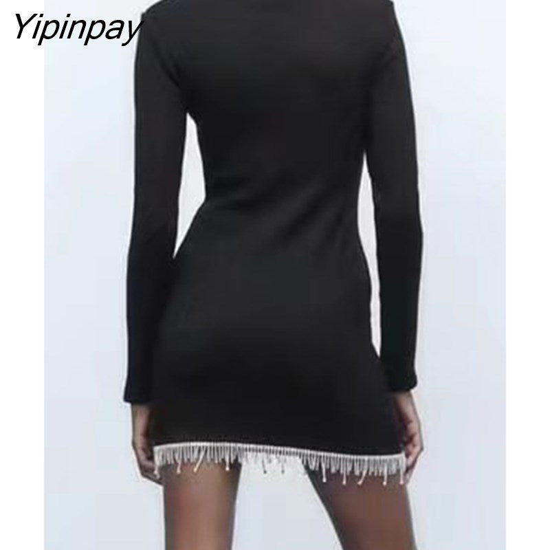 Yipinpay Autumn Women Beading Knitted Dresses 2023 Elegant Ladies O-neck Mini Slim Tassel Dresses Long Sleeve Simple Soft Vestidos