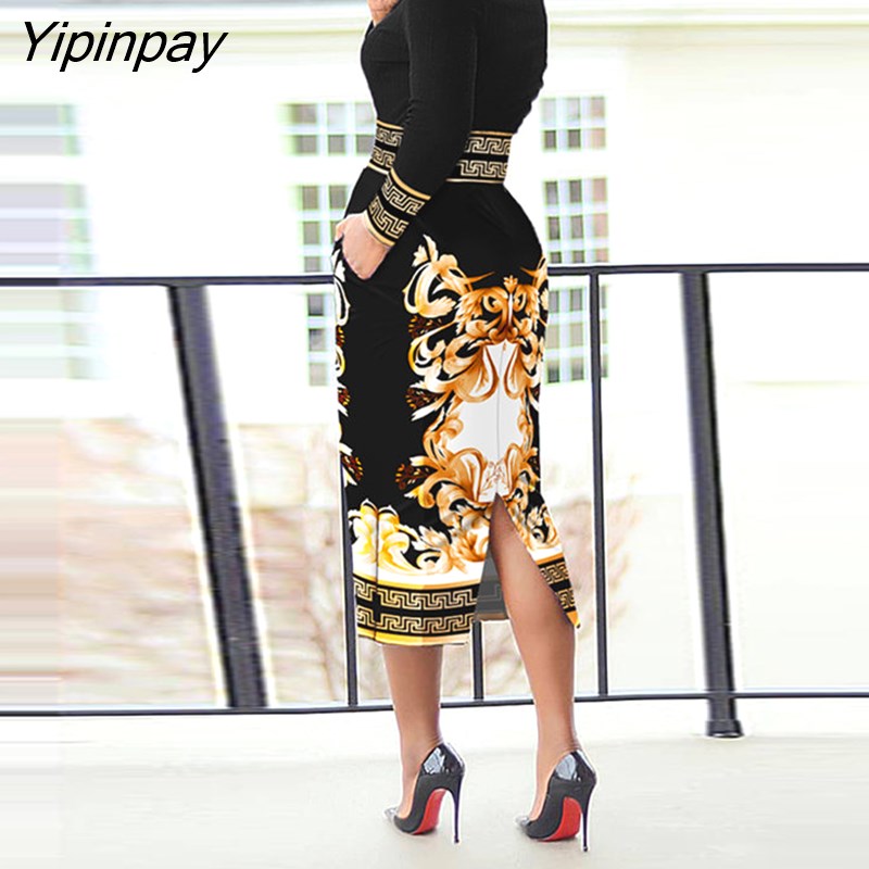 Yipinpay Women Elegant  Allover Print Palace Totem Round Neck Small Silt Pocket Bodycon Midi Working Dress