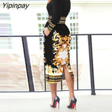 Yipinpay Women Elegant  Allover Print Palace Totem Round Neck Small Silt Pocket Bodycon Midi Working Dress