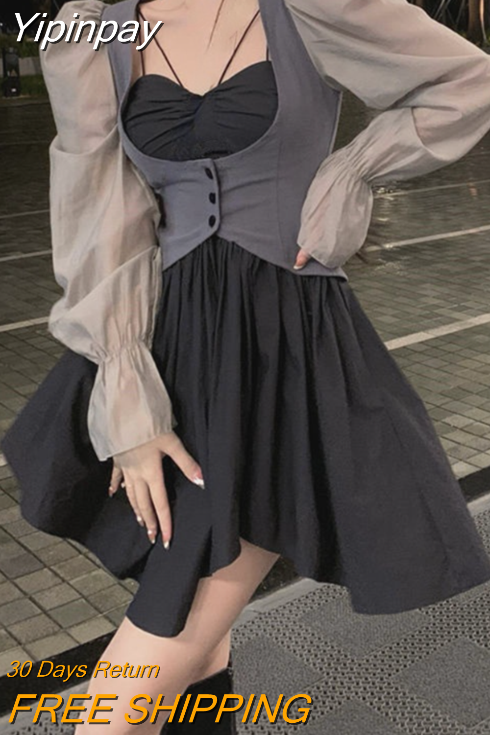 Yipinpay Vintage 2 Piece Dress Set Woman Lolita Y2k Mini Dress Casual Korean Style Strap Dress Sweet Kawaii Suits 2023 Spring Slim