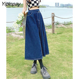 Yipinpay Summer Mid-length Denim Skirt Woman Pleated High Waist Thin A-line