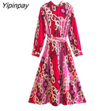 Yipinpay Women Fashion Chain Print Dresses With Belt 2023 Female Elegant Turn Down Collar Dresses Long Sleeve Soft Vestidos