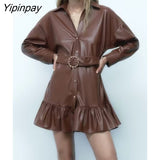 Yipinpay Elegant Women Faux Leather Mini Dresses With Belt Solid Turn Down Collar Dresses Fashion Vintage Long Sleeve Vestidos