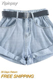 Yipinpay High Waist Retro Wide Leg Denim Shorts Women 2023 Summer New Loose Curling Short Feminino