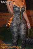 Yipinpay Women Chic Camouflage Color Sleeveless Lace Up Hollow Out Zipper Bodycon Skinny Jumpsuit Sexy Jumpsuit