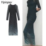 Yipinpay 2023 Spring Summer Folds Tulle Dresses Vintage Elegant Party Sheath Mid-Calf Dress Long Sleeve O-neck Vestidos