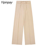 Yipinpay 2023 Women Windbreak Suit Sets Female Solid Long Sleeve Jackets With Belt High Waisted Casual Wide Leg Suits Pants Set